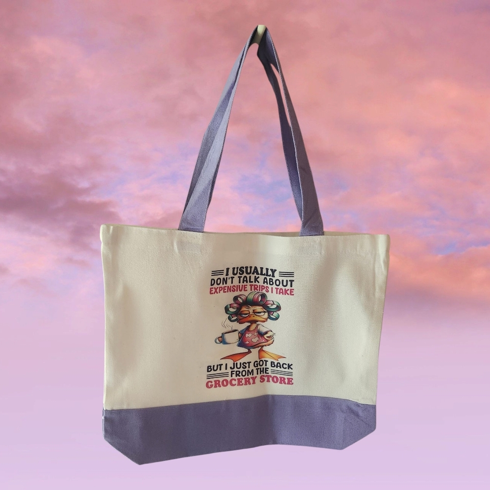 Hand Crafted Humorous Purple and Cream Tote Bag. Double Sided And Hand Crafted